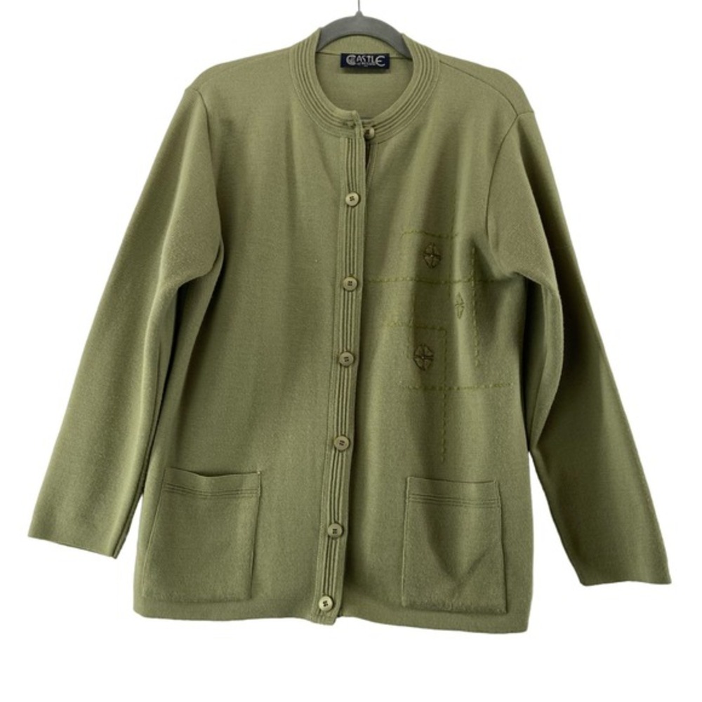 Castle of Ireland Green Sweater Cardigan Size 40 US 14 Pure Wool‎ Blend